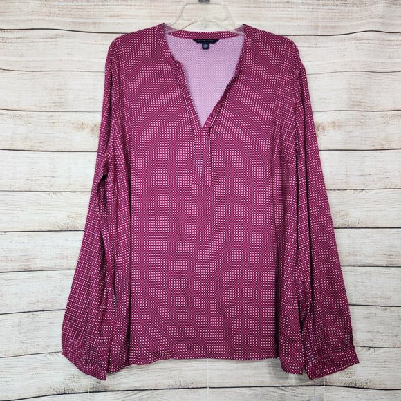 NEW Tommy Hilfiger V-Neck Long Sleeve Shirt Blouse Magenta Navy Peacoat Size XXL - Picture 1 of 15
